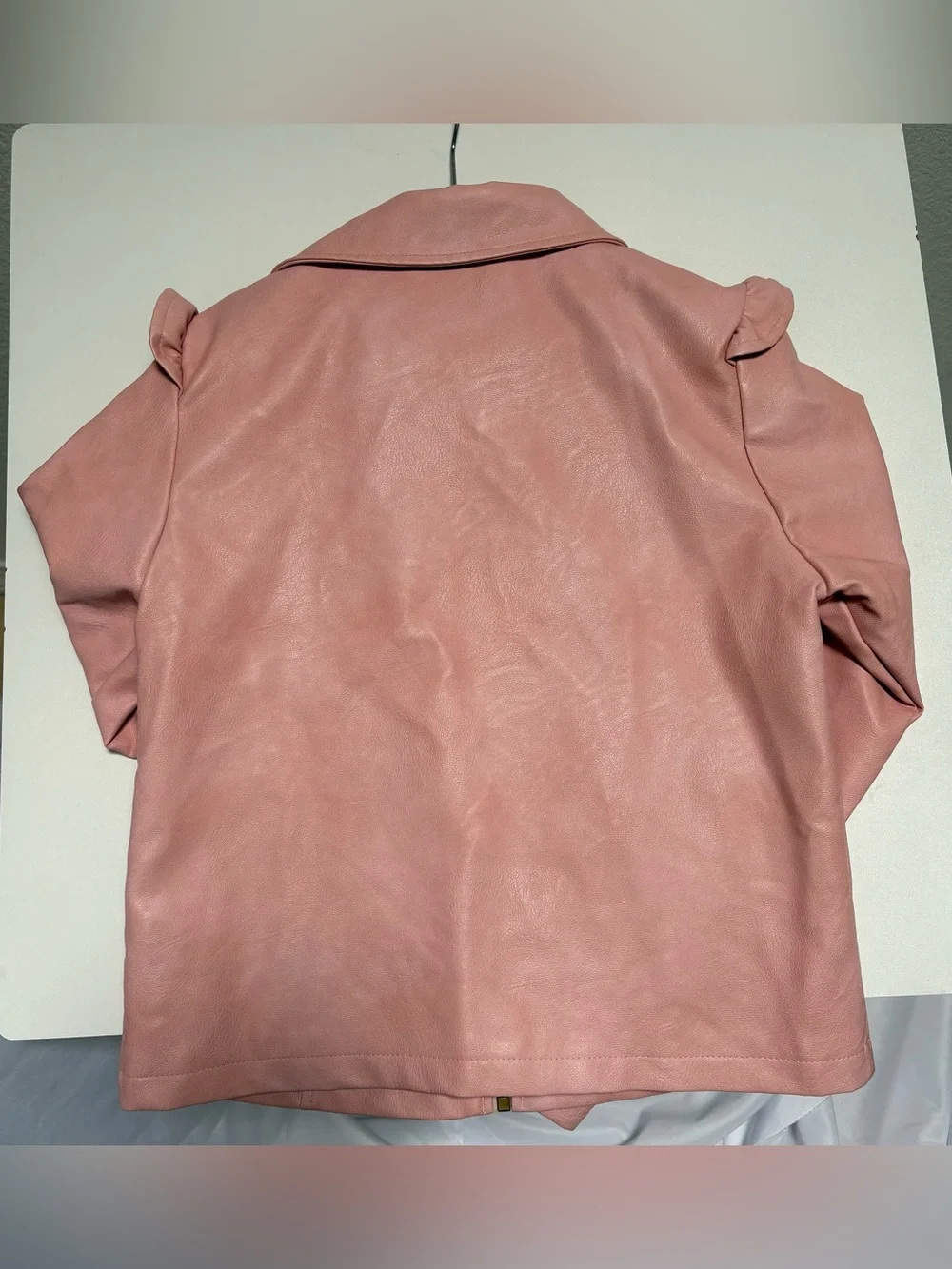 Girls' Pink Faux Leather Zip Jacket with Ruffle Shoulders